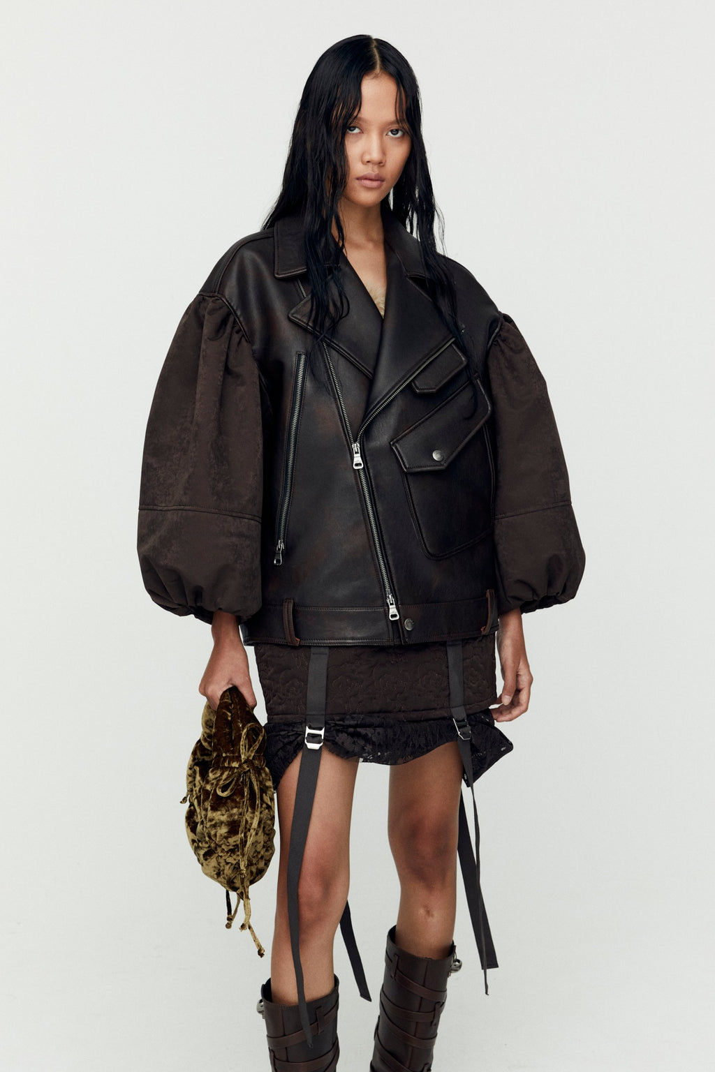 Andersson Bell - Maeve Puff Sleeves Leather Jacket (Brown) product image 1 | TRAB K-Fashion Australia