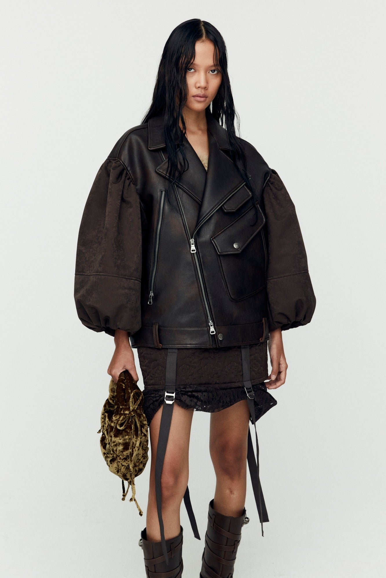 Andersson Bell - Maeve Puff Sleeves Leather Jacket (Brown) product image 1 | TRAB K-Fashion Australia