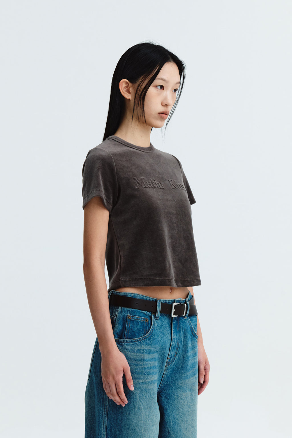 Matin Kim - Logo Emboss Velvet Crop Top (Khaki) product image 9 | TRAB K-Fashion Australia