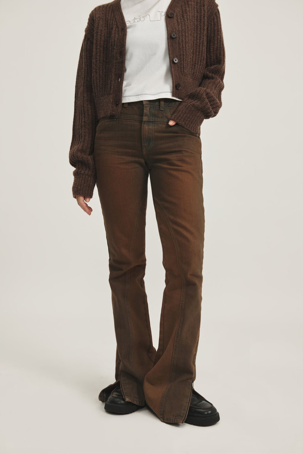 Matin Kim - Peaches Zipper Detail Boots Cut Denim Pants (Brown) product image 12 | TRAB K-Fashion Australia