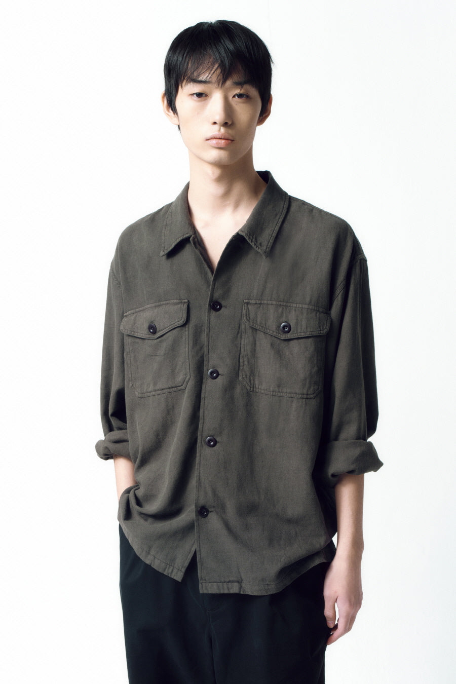Insilence - Garment-dyed Fatigue Shirt (Olive Drab) product image 2 | TRAB K-Fashion Australia