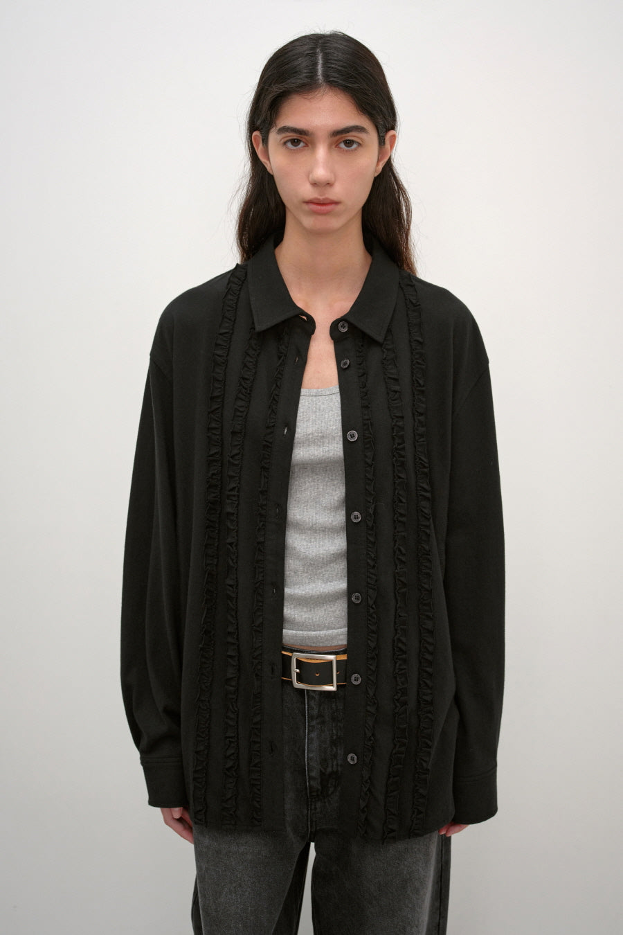 Insilence - Ruffle Jersey Shirt (Black) product image 1 | TRAB K-Fashion Australia
