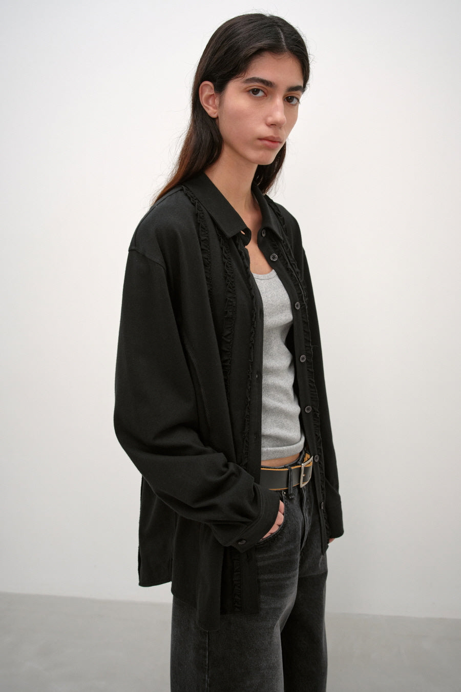 Insilence - Ruffle Jersey Shirt (Black) product image 2 | TRAB K-Fashion Australia