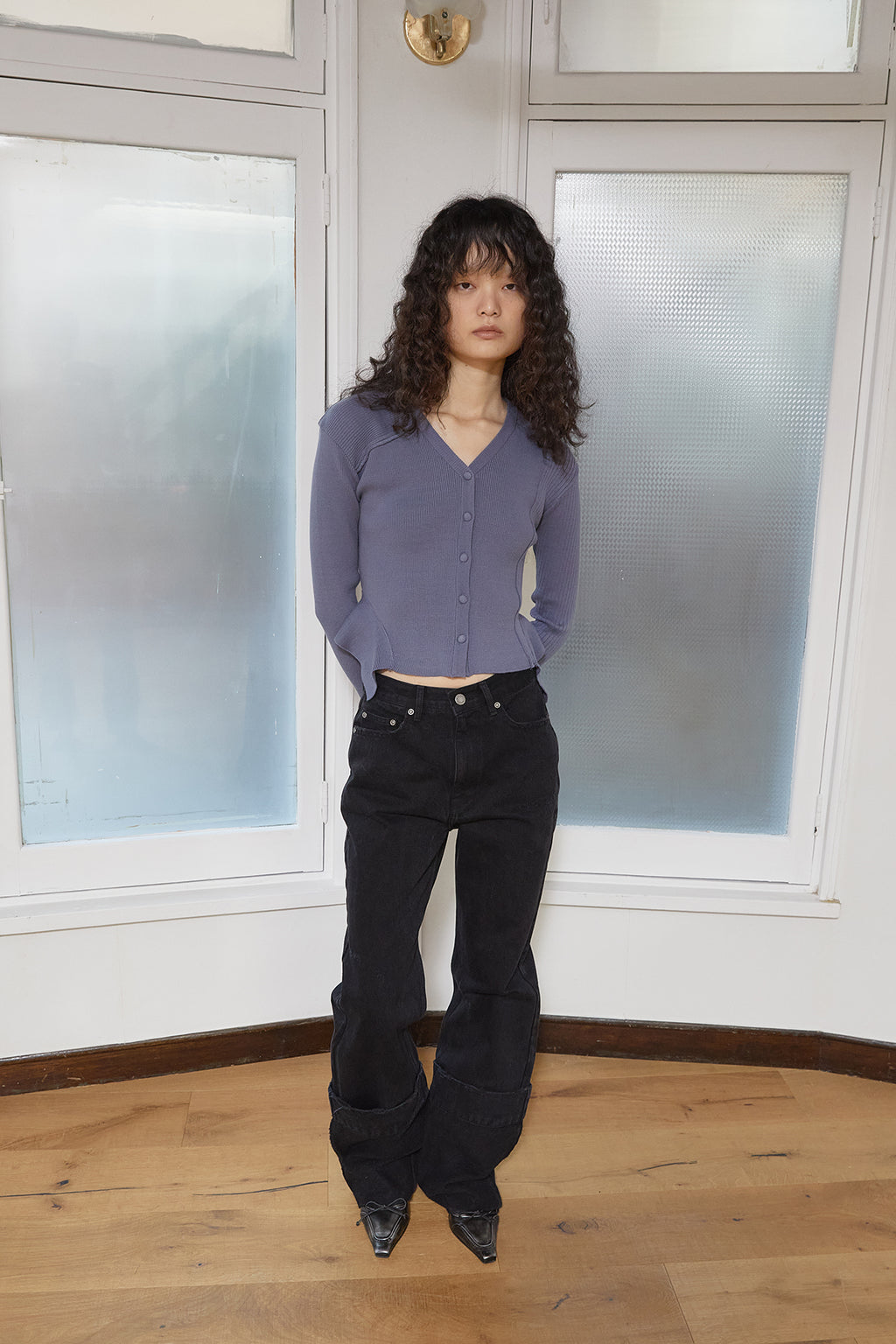 Matin Kim - Unbalance Cut Line Button Cardigan (Smoke Blue) product image 11 | TRAB K-Fashion Australia