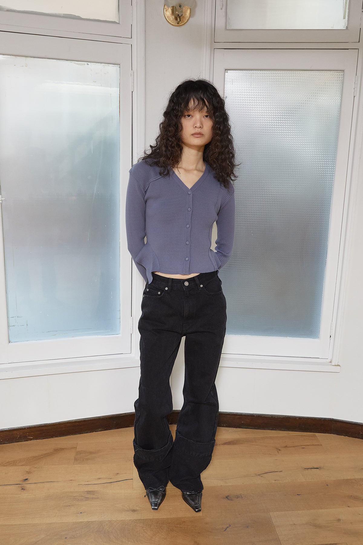 Matin Kim - Unbalance Cut Line Button Cardigan (Smoke Blue) product image 11 | TRAB K-Fashion Australia