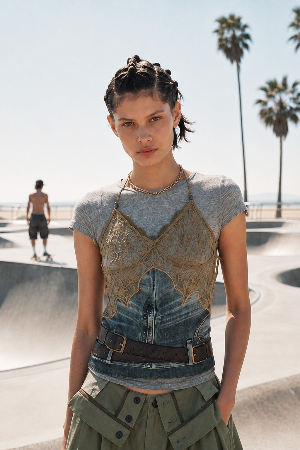 Andersson Bell - Belted Denim Printed Lace Bustier (Mid Blue/Khaki) product image 1 | TRAB K-Fashion Australia