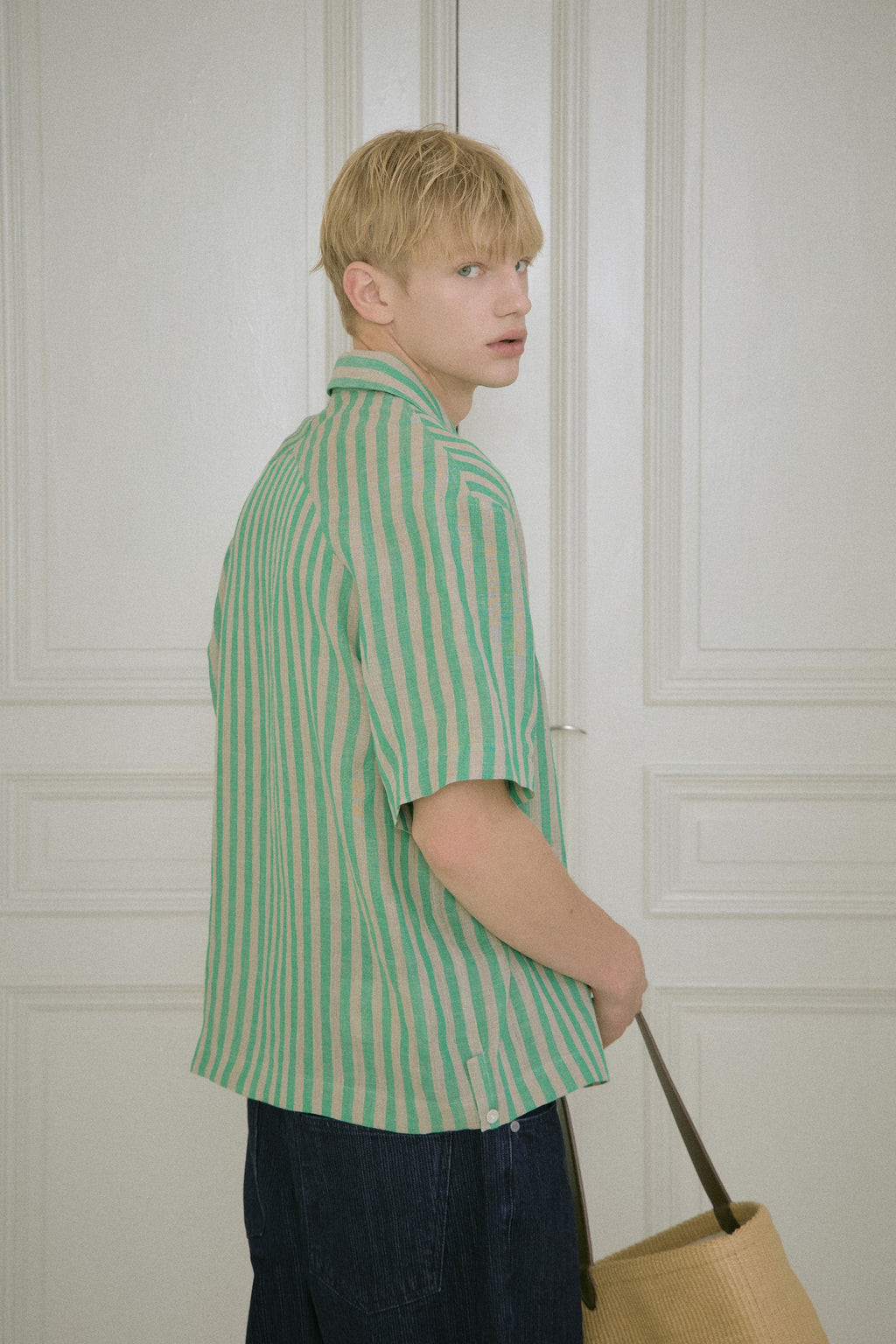 STU - Back Raglan Stripe Linen Shirt (Green) product image 6 | TRAB K-Fashion Australia