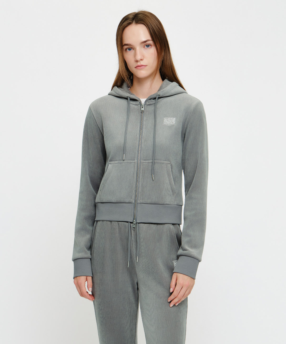 Marithe & Francois Girbaud - Small Classic Logo Slim Fit Velour Crop Hoodie Zipup (Gray) product image 1 | TRAB K-Fashion Australia