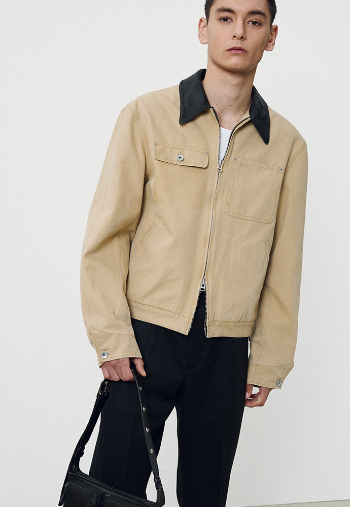 Tonywack - Leather Collar Garment-Washed Rivet Work Jacket (Faded Beige) product image 3 | TRAB K-Fashion Australia