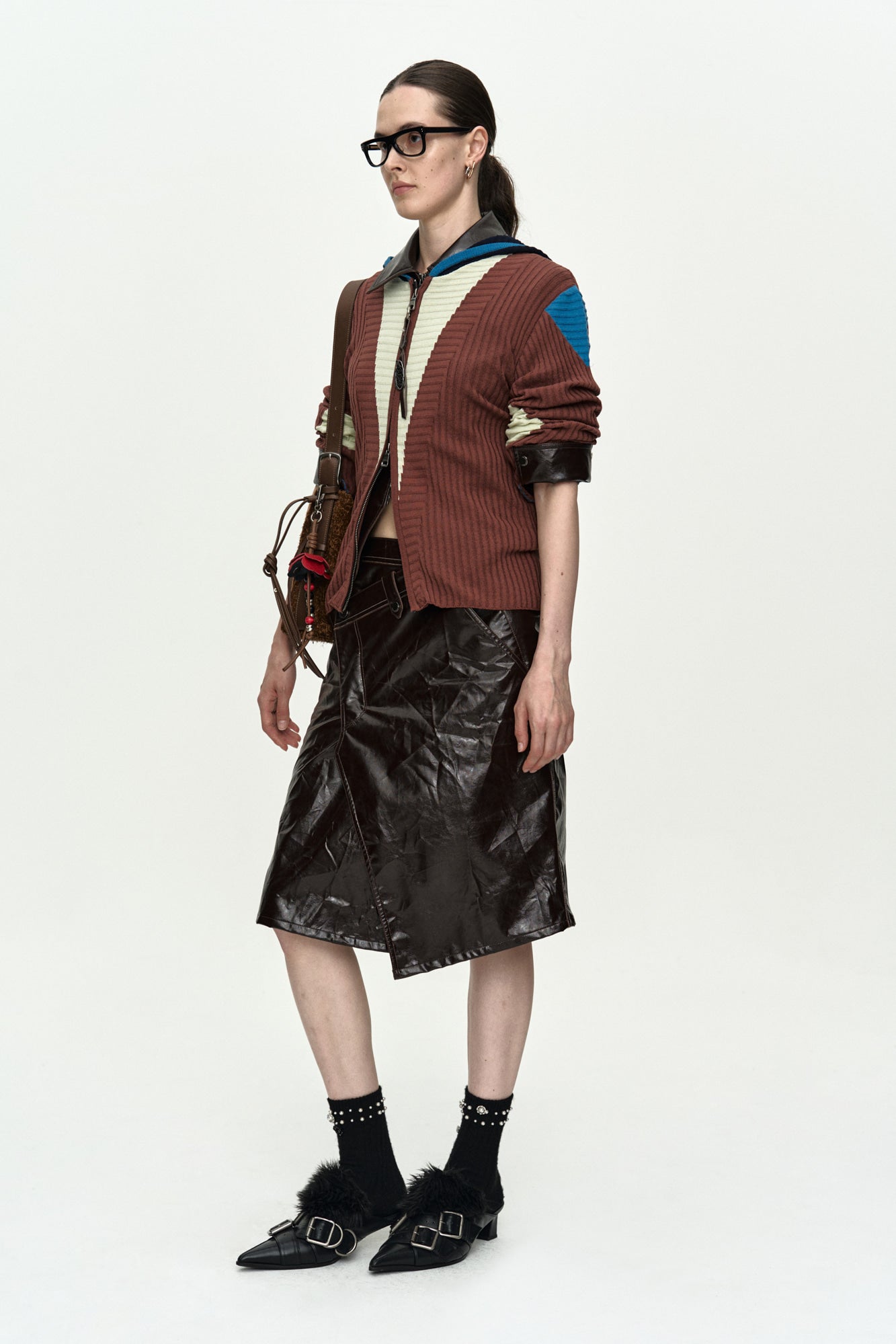 Andersson Bell - Risa Color-Blocked Knit Zip-Up Hoodie (Brown/Lime) product image 3 | TRAB K-Fashion Australia