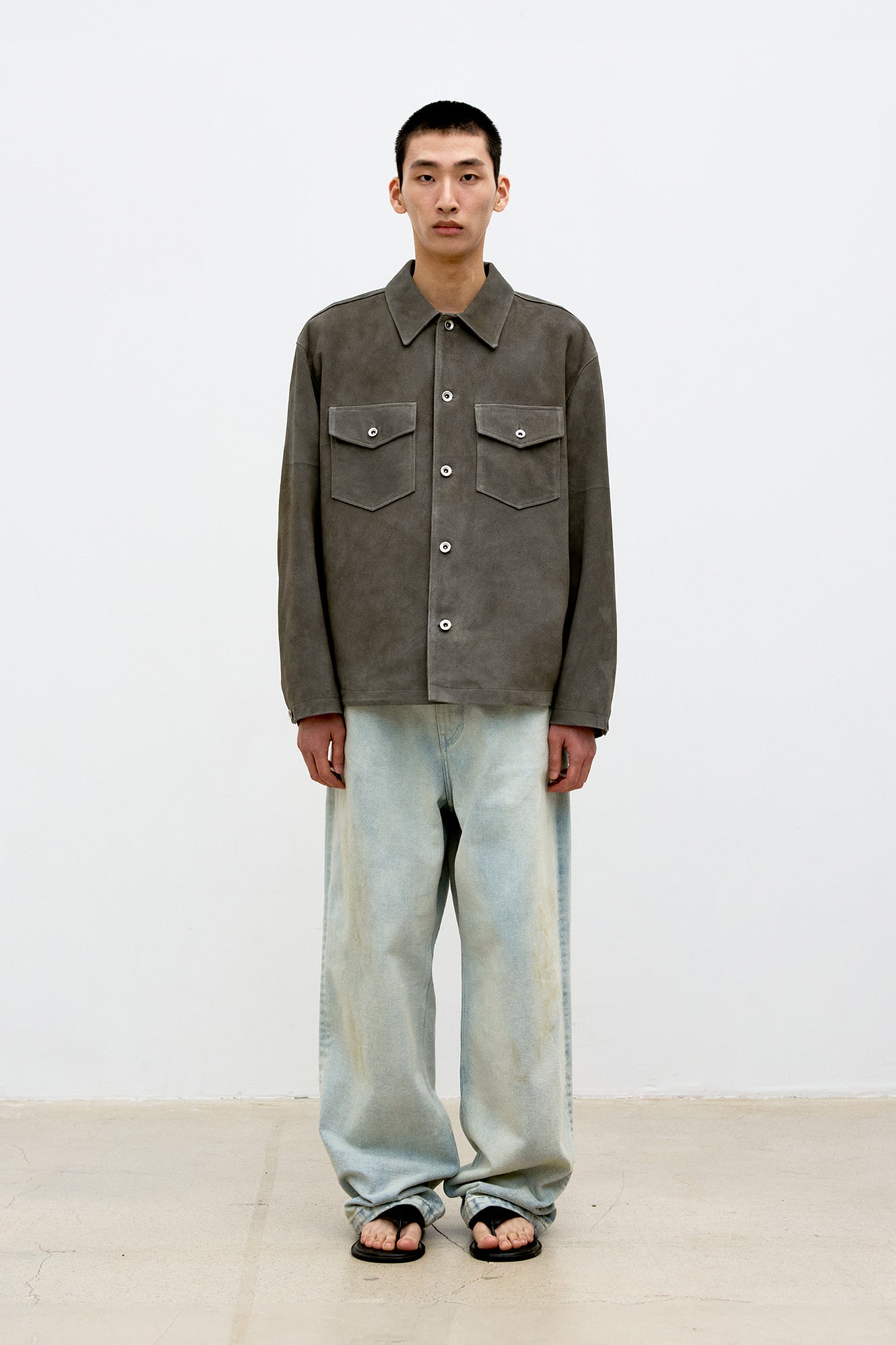 Coor - Suede Two-Tone Button Shirt Jacket (Washed Gray) product image 2 | TRAB K-Fashion Australia