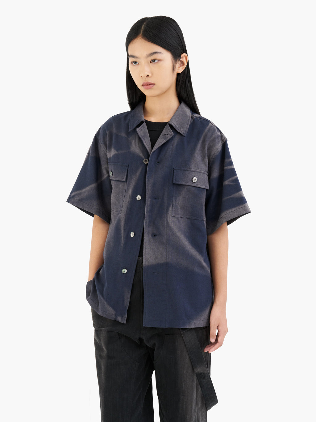 Jiyong Kim - Sun-Bleached Tailored Collar Half Sleeve Shirt (Blue) product image 4 | TRAB K-Fashion Australia