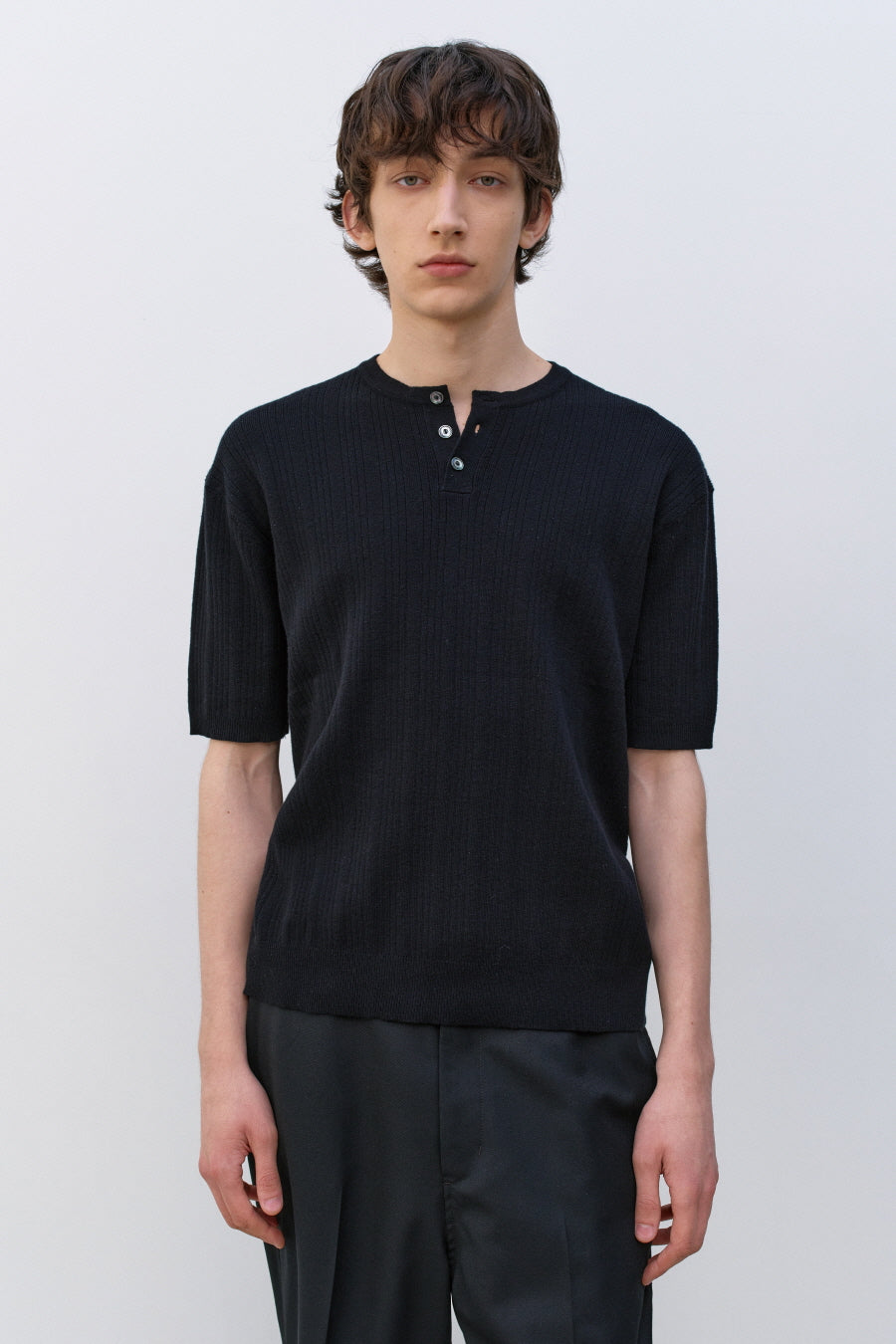 Insilence - Ribbed Henley Neck Half Knit (Black) product image 2 | TRAB K-Fashion Australia