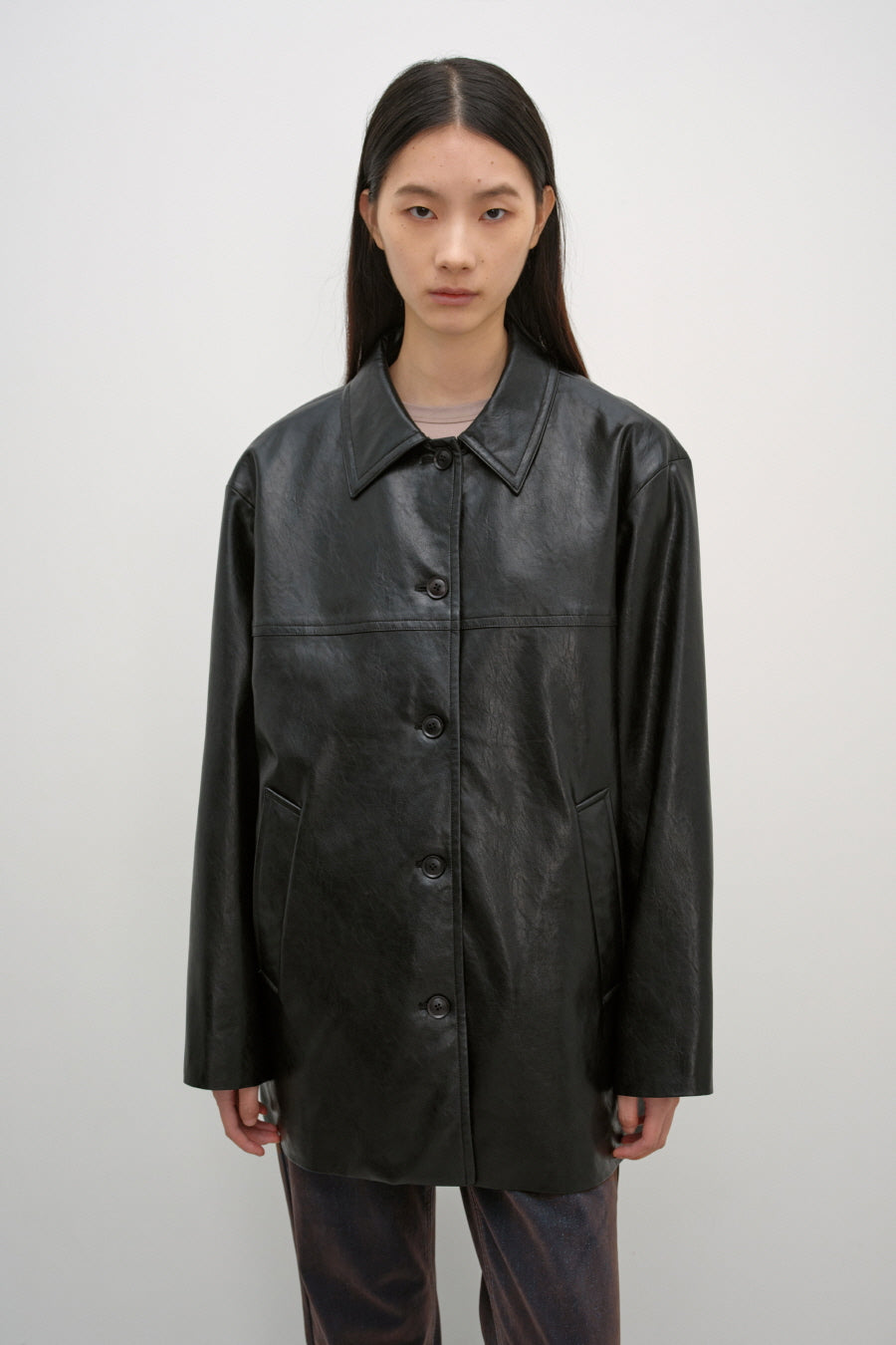 Insilence - Faux Leather Car Coat (Black) product image 1 | TRAB K-Fashion Australia