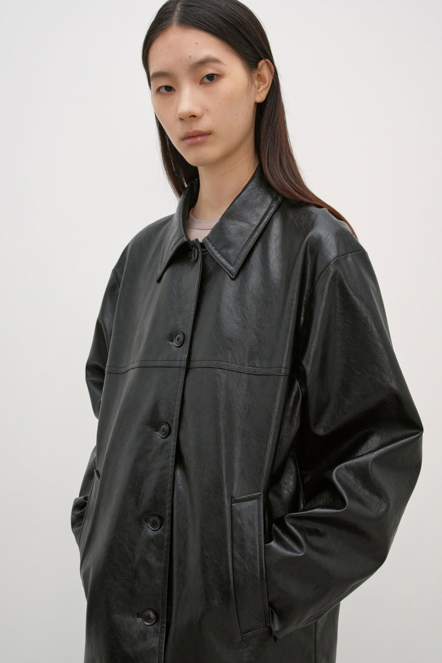 Insilence - Faux Leather Car Coat (Black) product image 2 | TRAB K-Fashion Australia