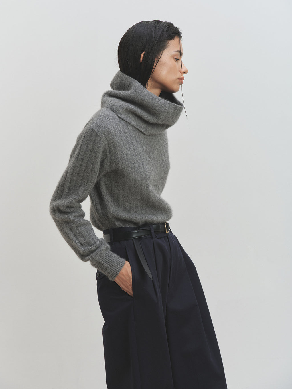 Tonywack - Superfine Merino Wool Tube Scarf Attaced Ribbed Sweater (Melange Grey) product image 7 | TRAB K-Fashion Australia