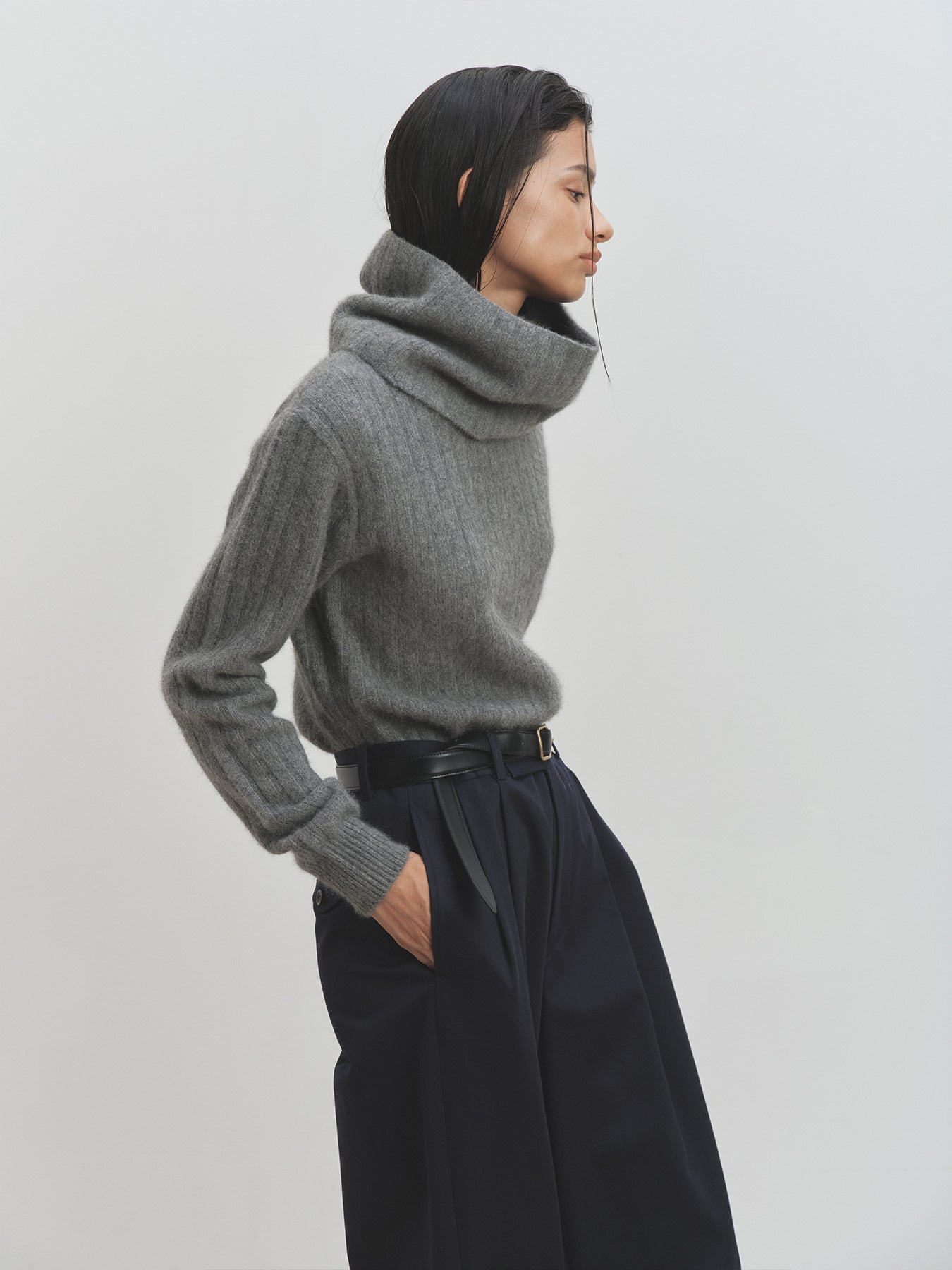 Tonywack - Superfine Merino Wool Tube Scarf Attaced Ribbed Sweater (Melange Grey) product image 7 | TRAB K-Fashion Australia