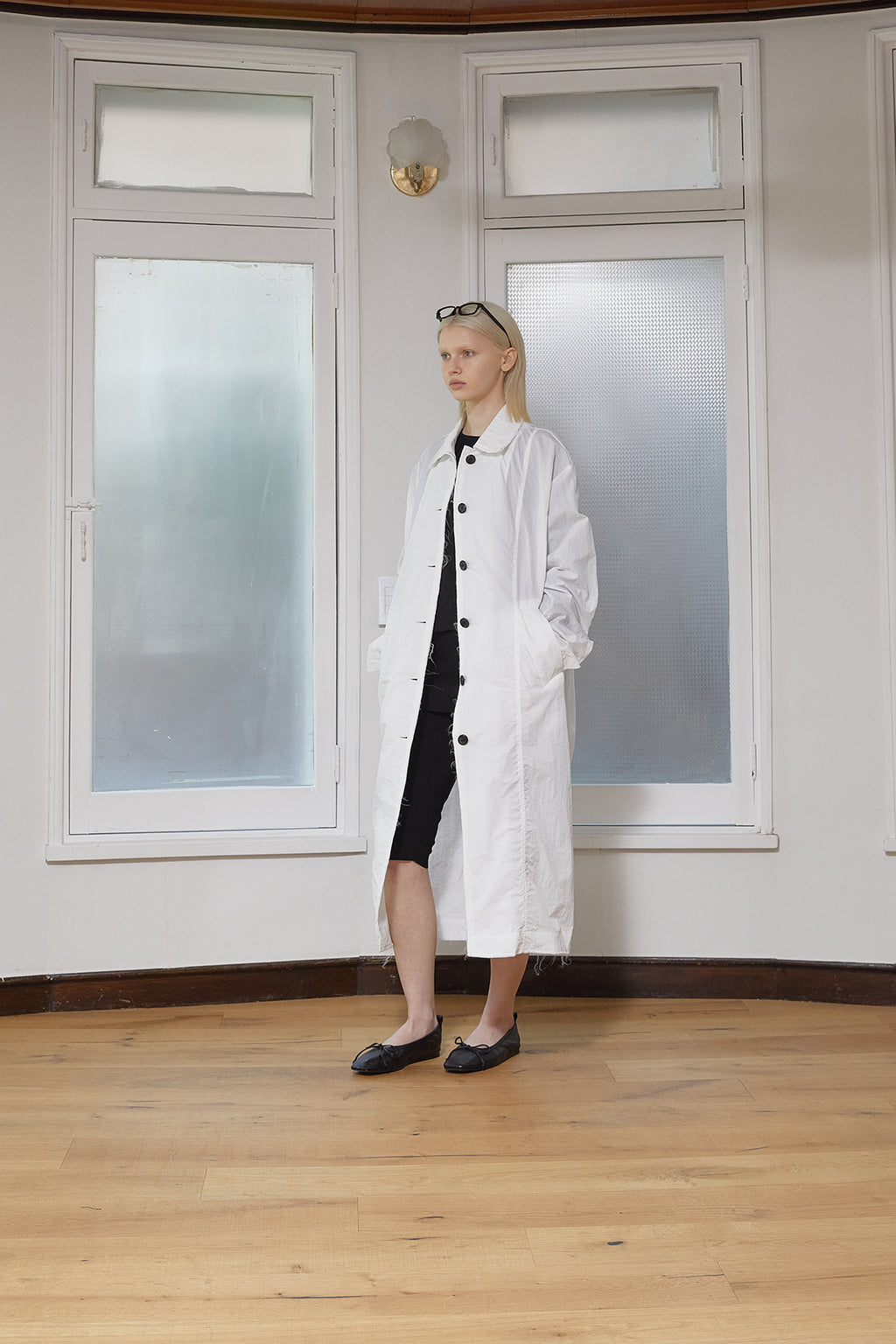 Matin Kim - Back Logo Point Nylon Long Coat (White) product image 9 | TRAB K-Fashion Australia