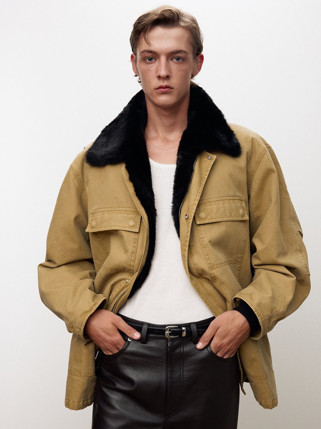 Tonywack - Fur Trimmed Garment Washed Chore Jacket (Beige) product image 4 | TRAB K-Fashion Australia