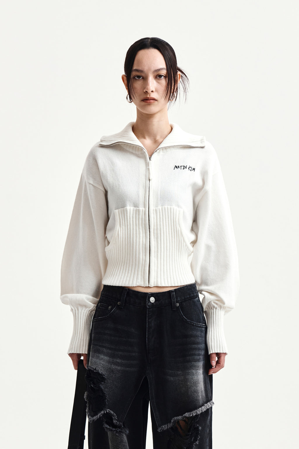 Matin Kim - High Neck Embroidered Logo Zip Up (Ivory) product image 5 | TRAB K-Fashion Australia