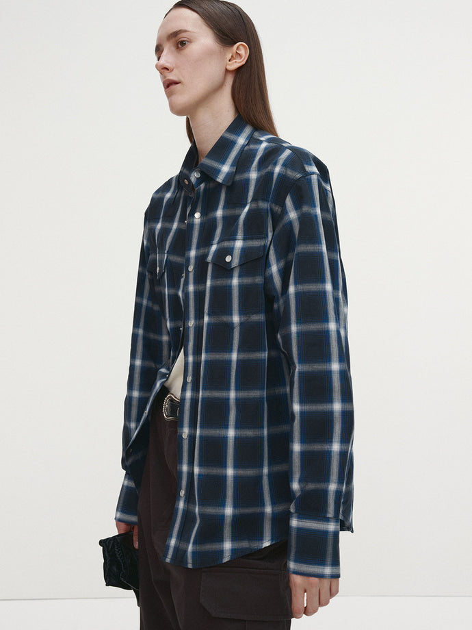 Tonywack - Checked Cotton Western Shirt (Japanese Fabric) (Navy/White) product image 2 | TRAB K-Fashion Australia