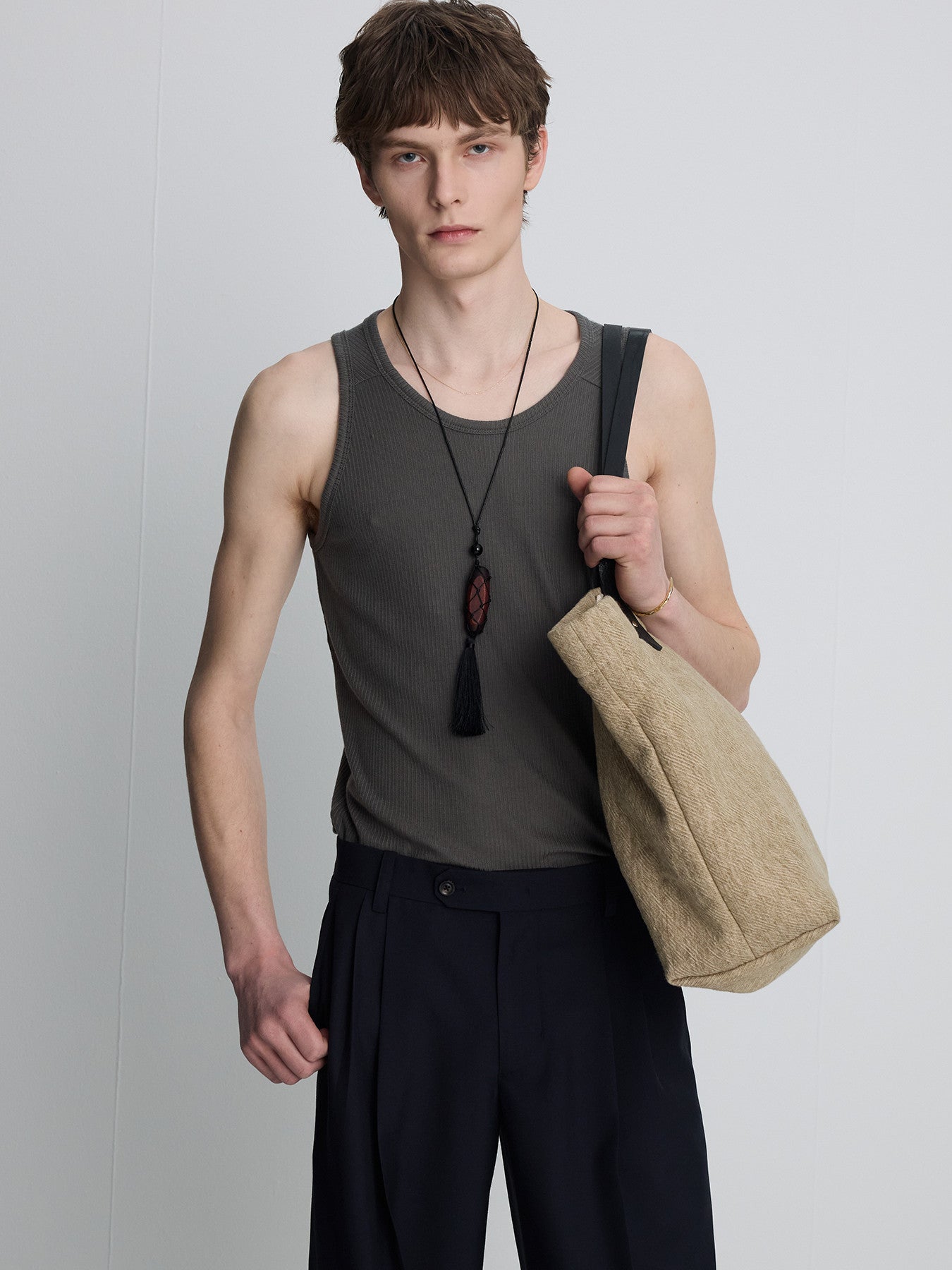 Tonywack - Silk Lyocell Rib Tank Top Japanese Fabric (Olive Charcoal) product image 5 | TRAB K-Fashion Australia