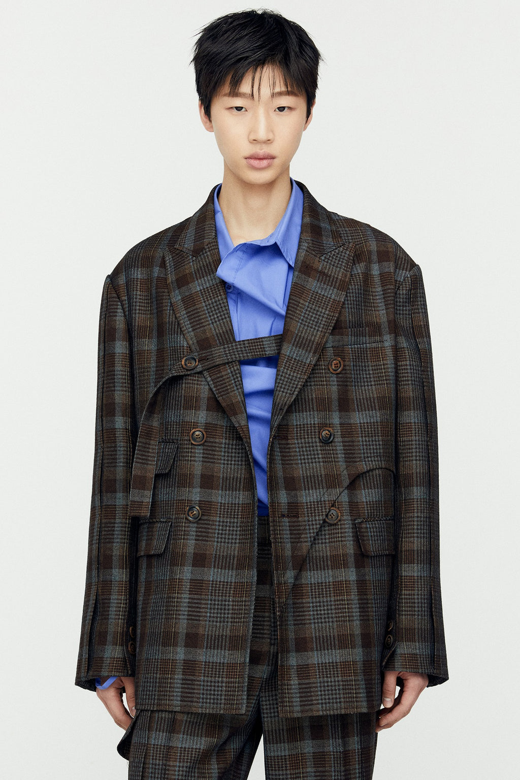 Andersson Bell - Soe Check Wrap Double Breasted Jacket (Brown) product image 1 | TRAB K-Fashion Australia