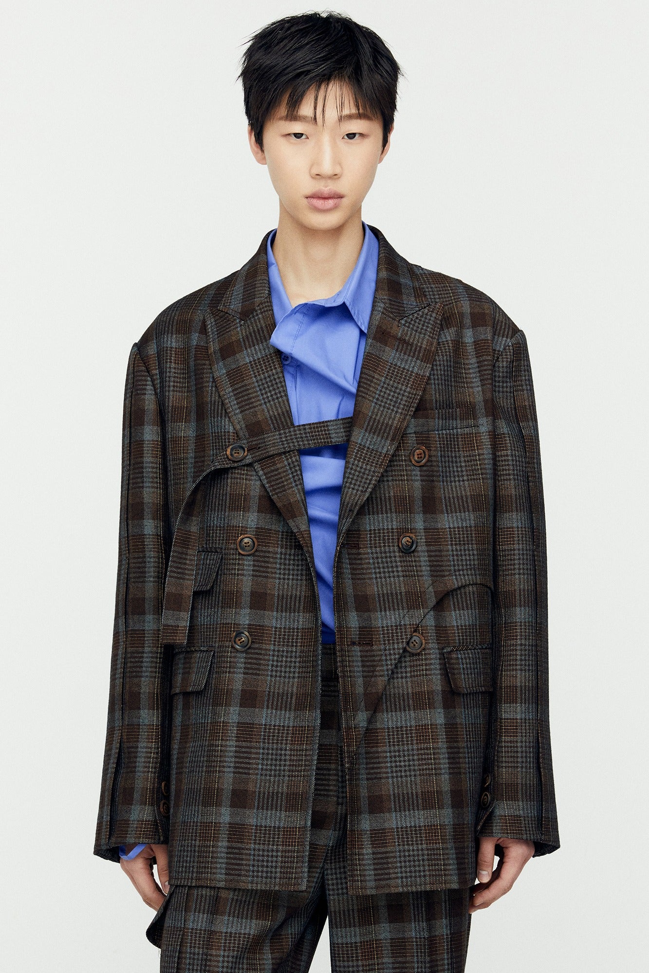 Andersson Bell - Soe Check Wrap Double Breasted Jacket (Brown) product image 1 | TRAB K-Fashion Australia