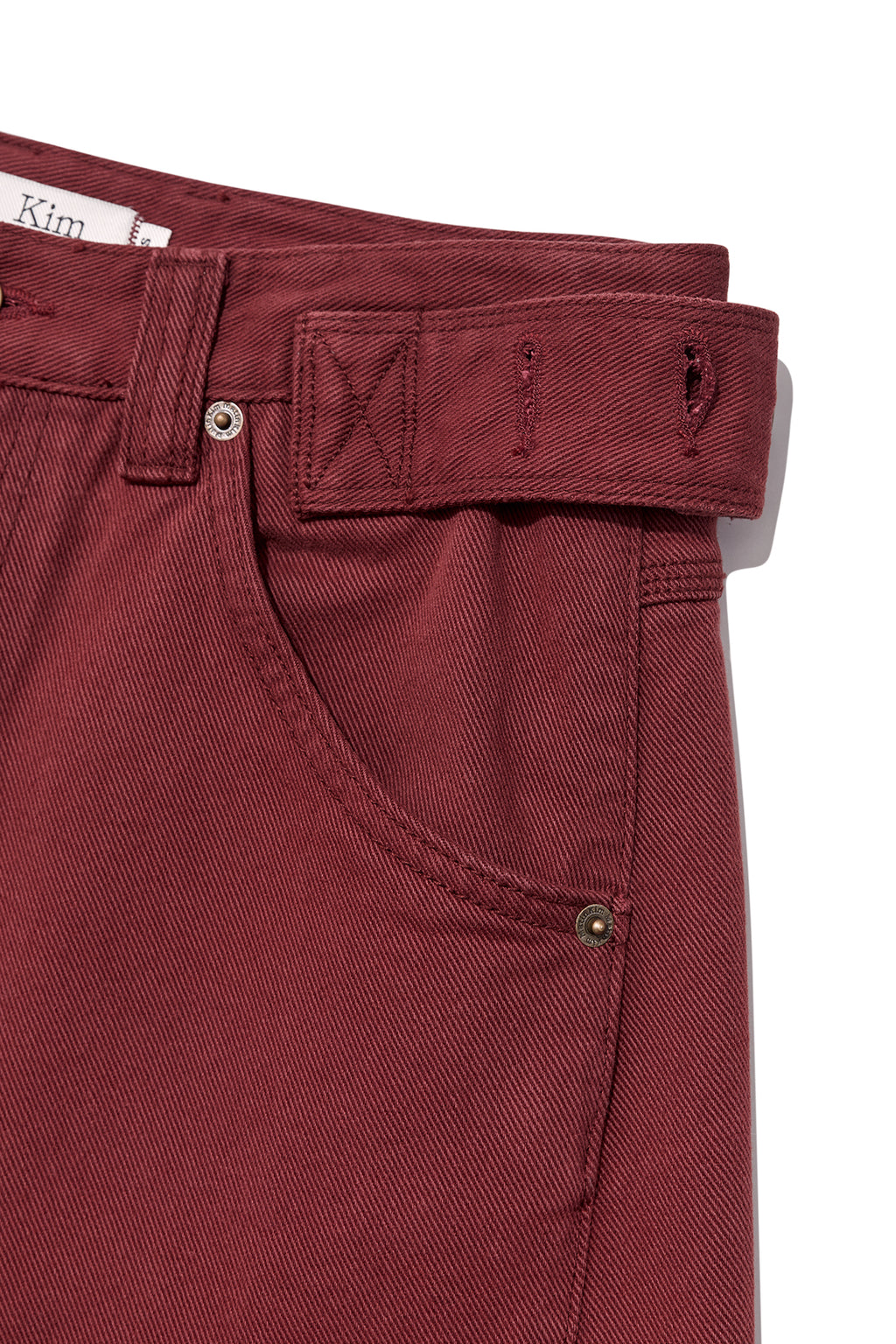 Matin Kim - Waist Buckle Curved Dying Denim Pants (Red) product image 4 | TRAB K-Fashion Australia