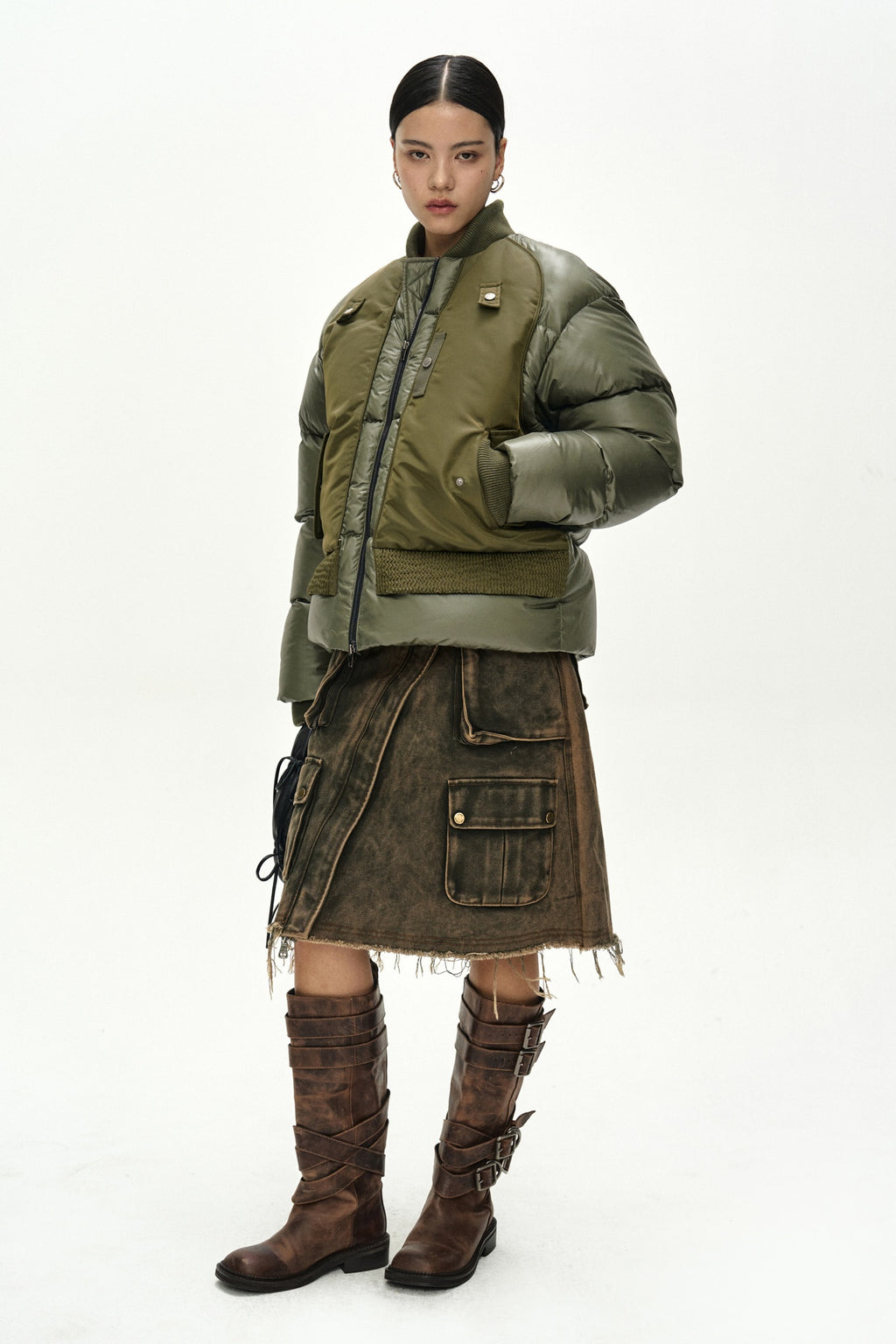 Andersson Bell - Unisex Bomber Layered Down Jacket (Khaki) product image 3 | TRAB K-Fashion Australia