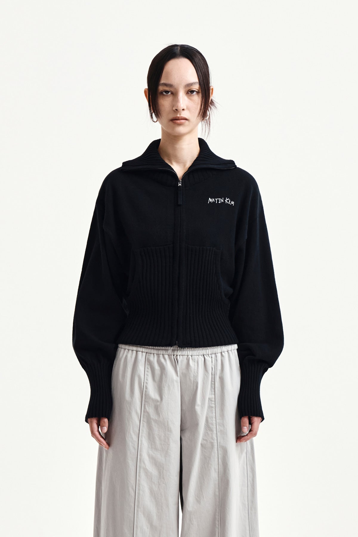 Matin Kim - High Neck Embroidered Logo Zip Up (Black) product image 5 | TRAB K-Fashion Australia