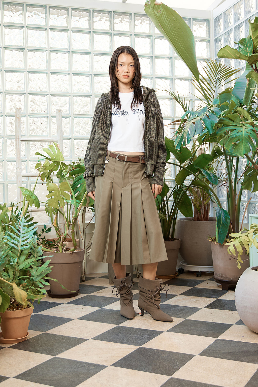 Matin Kim - Two Tone Mesh Knit Hoody Zip Up (Khaki) product image 11 | TRAB K-Fashion Australia