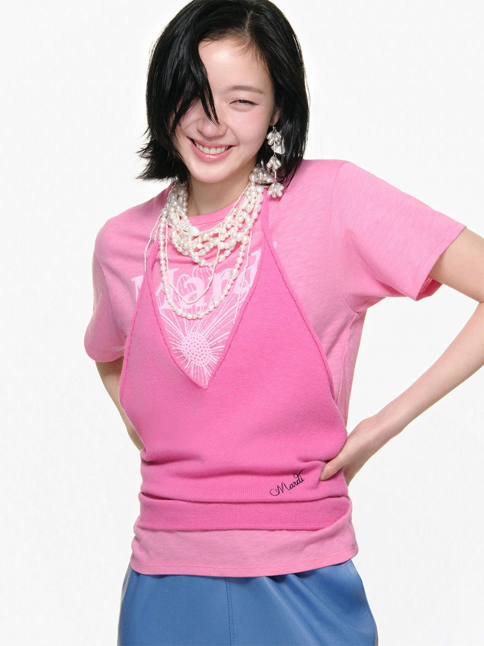 Mardi Mercredi - Slub Cotton Relaxed Tshirt Flowermardi (Pink White) product image 1 | TRAB K-Fashion Australia
