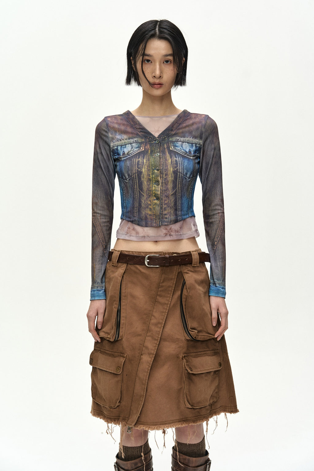Andersson Bell - Trompe L'oeil Denim Layered Tattoo Top (brown) (Brown) product image 4 | TRAB K-Fashion Australia