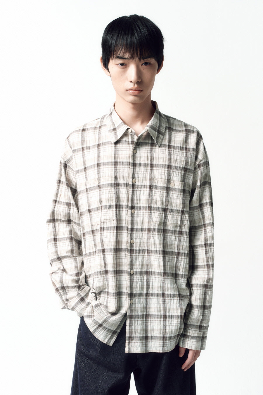 Insilence - Soft Crumple Check Shirt (Beige) product image 1 | TRAB K-Fashion Australia