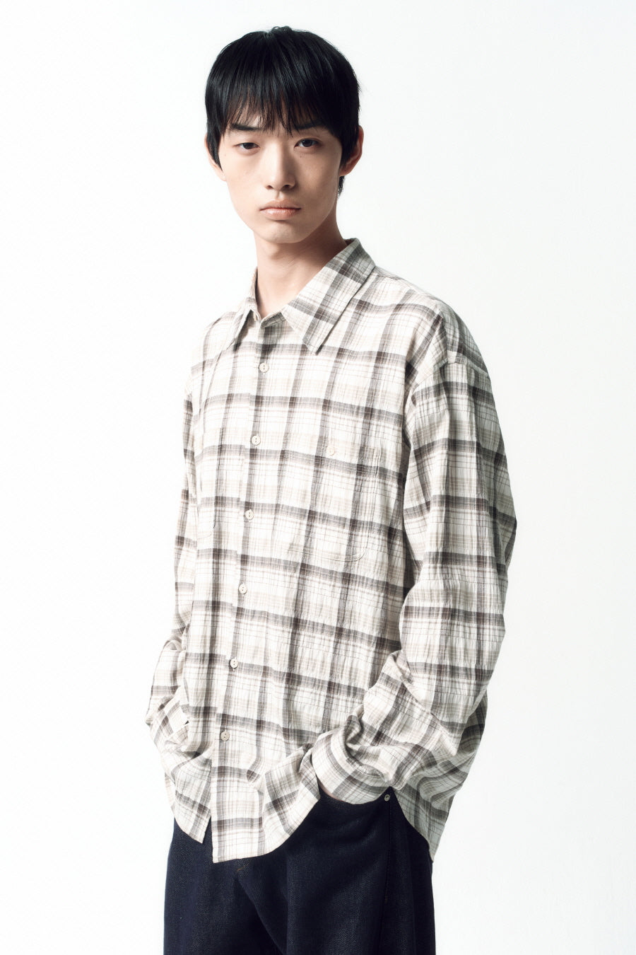 Insilence - Soft Crumple Check Shirt (Beige) product image 3 | TRAB K-Fashion Australia