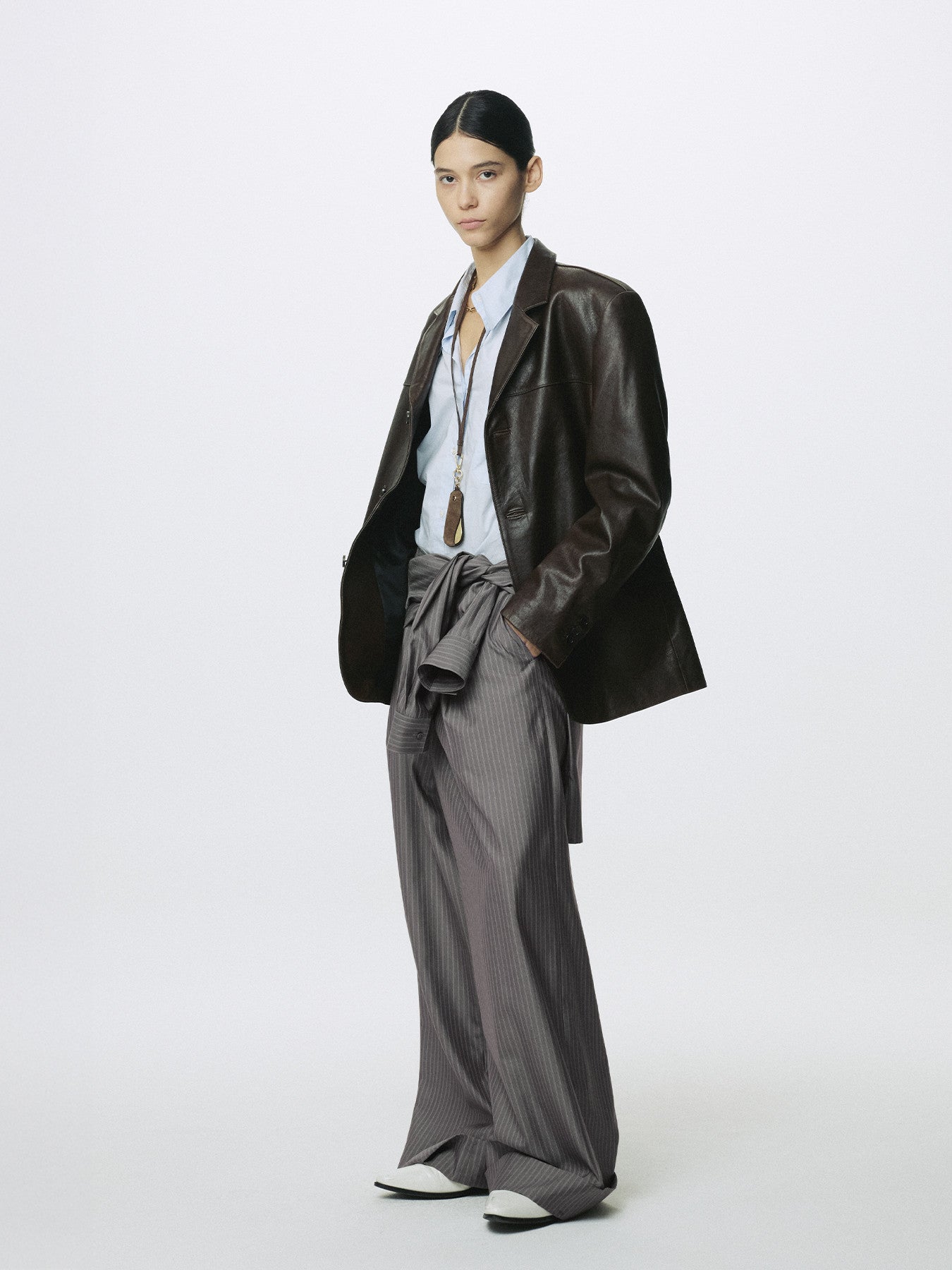 Tonywack - Silk Wool Wide Leg Pajama Trousers (Dark Grey Stripe) product image 6 | TRAB K-Fashion Australia