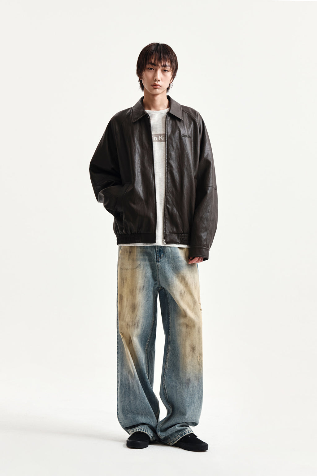 Matin Kim - Small Logo Faux Leather Zip Up Jumper (Brown) product image 15 | TRAB K-Fashion Australia