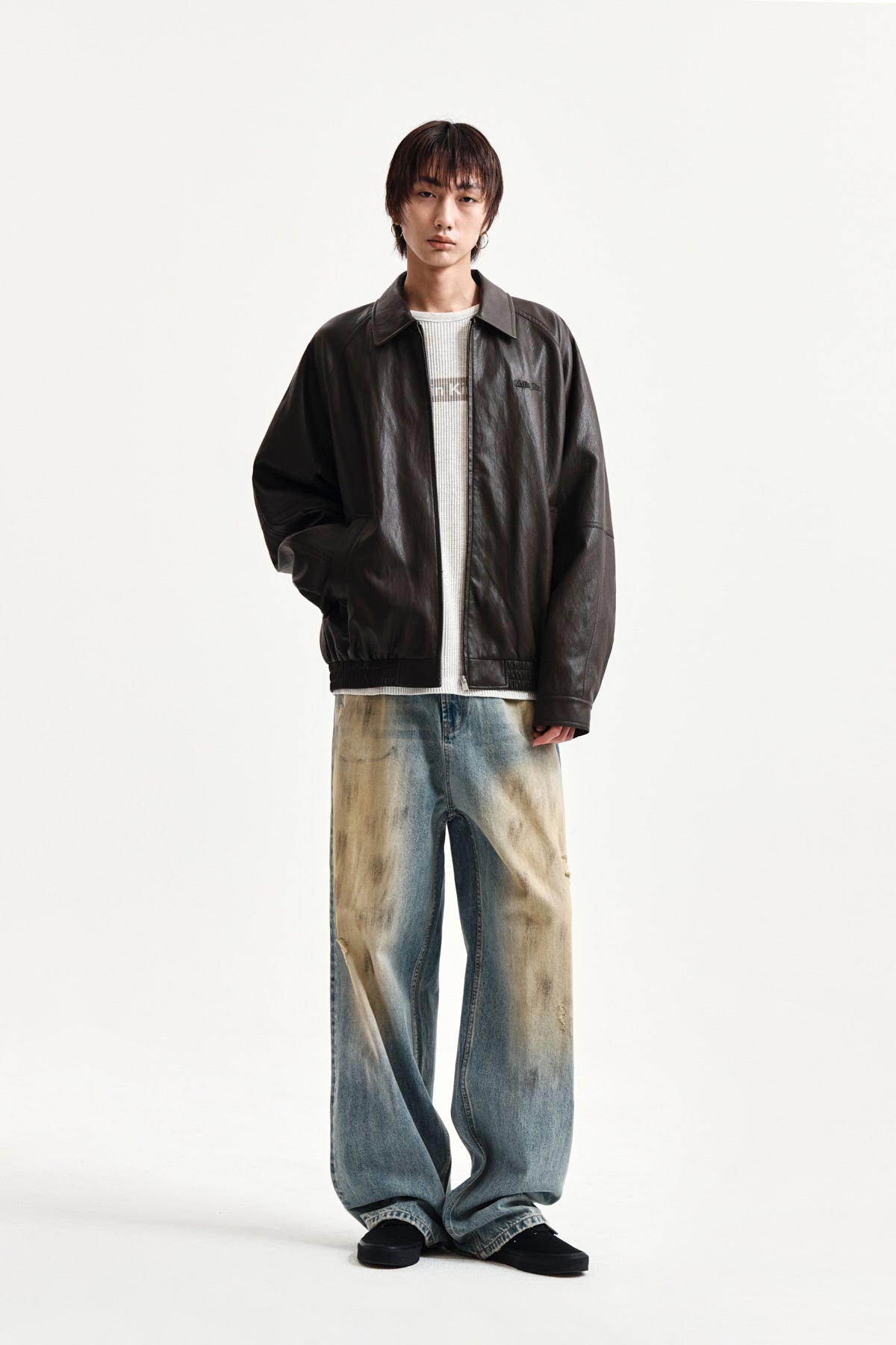 Matin Kim - Small Logo Faux Leather Zip Up Jumper (Brown) product image 15 | TRAB K-Fashion Australia