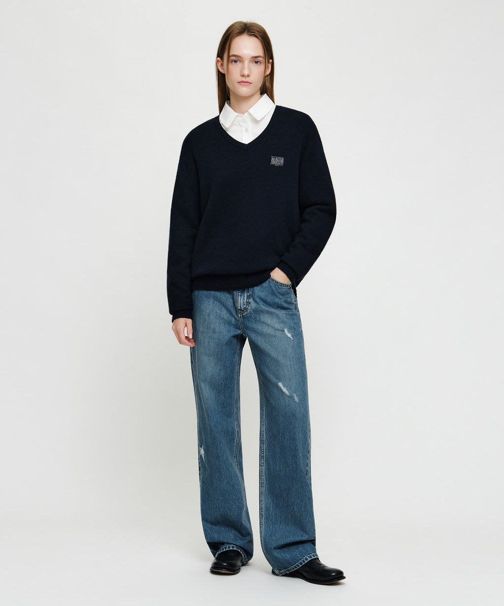 Marithe & Francois Girbaud - [Pre-order – Ships 19 Oct] Straight Damaged Slub Melange Denim Pants (Blue) product image 3 | TRAB K-Fashion Australia