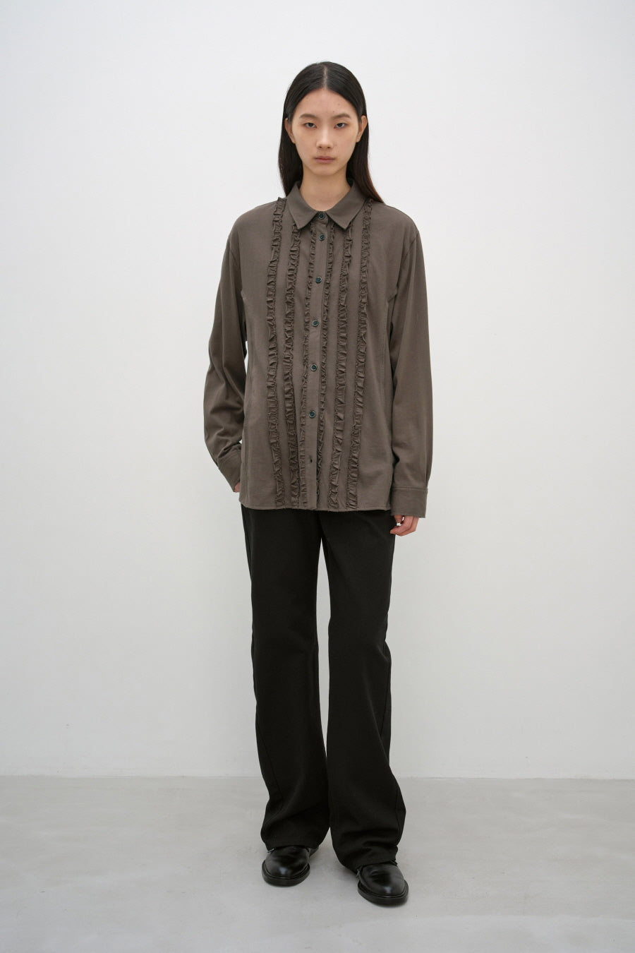 Insilence - Ruffle Jersey Shirt (Ash Brown) product image 1 | TRAB K-Fashion Australia