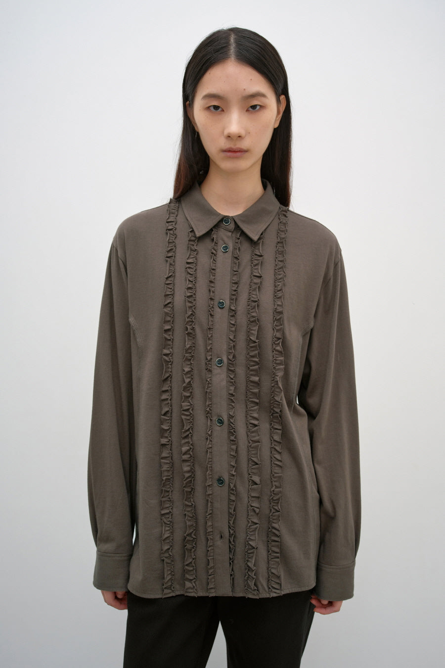 Insilence - Ruffle Jersey Shirt (Ash Brown) product image 3 | TRAB K-Fashion Australia