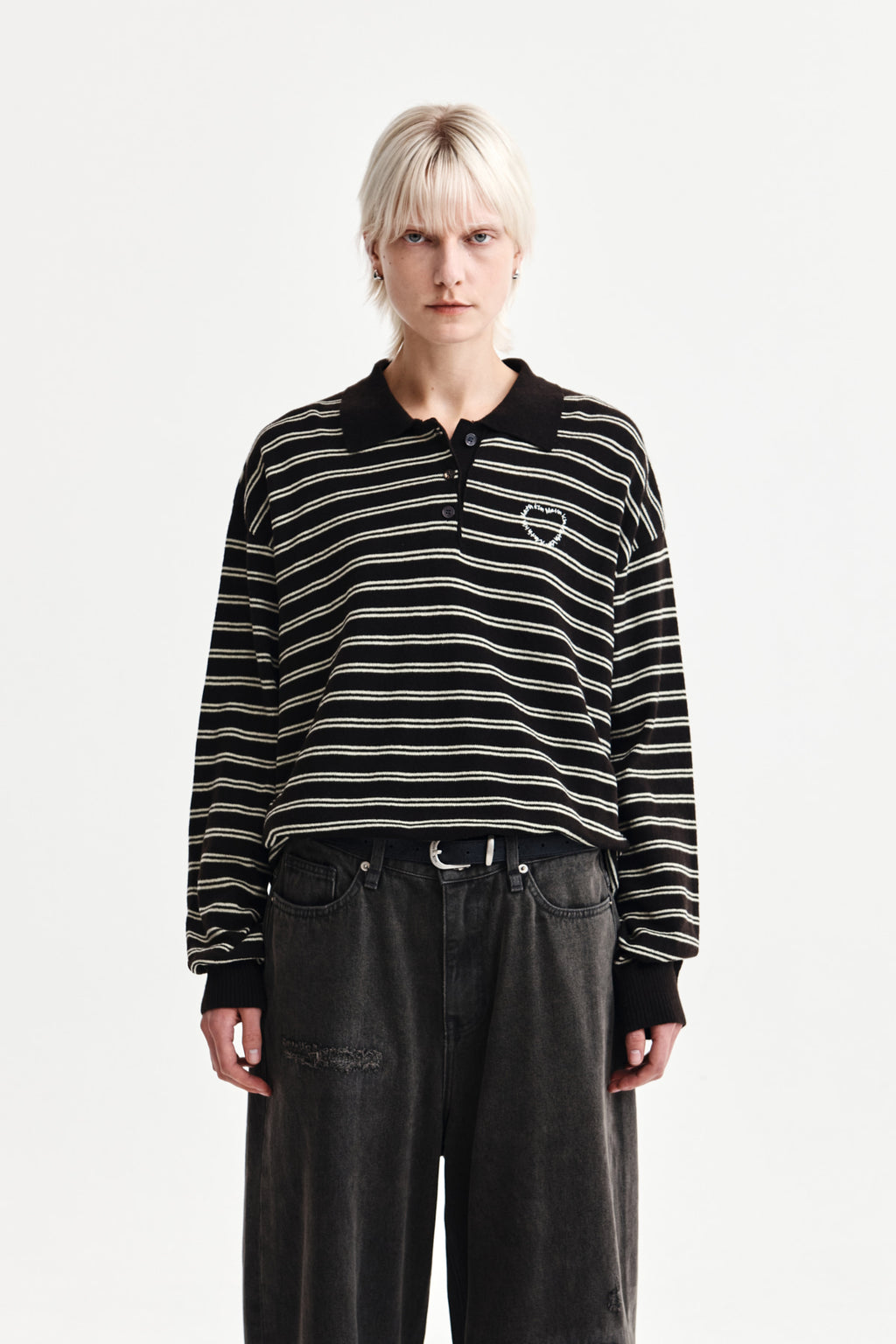 Matin Kim - Heart Logo Collar Striped Pullover (Brown) product image 1 | TRAB K-Fashion Australia