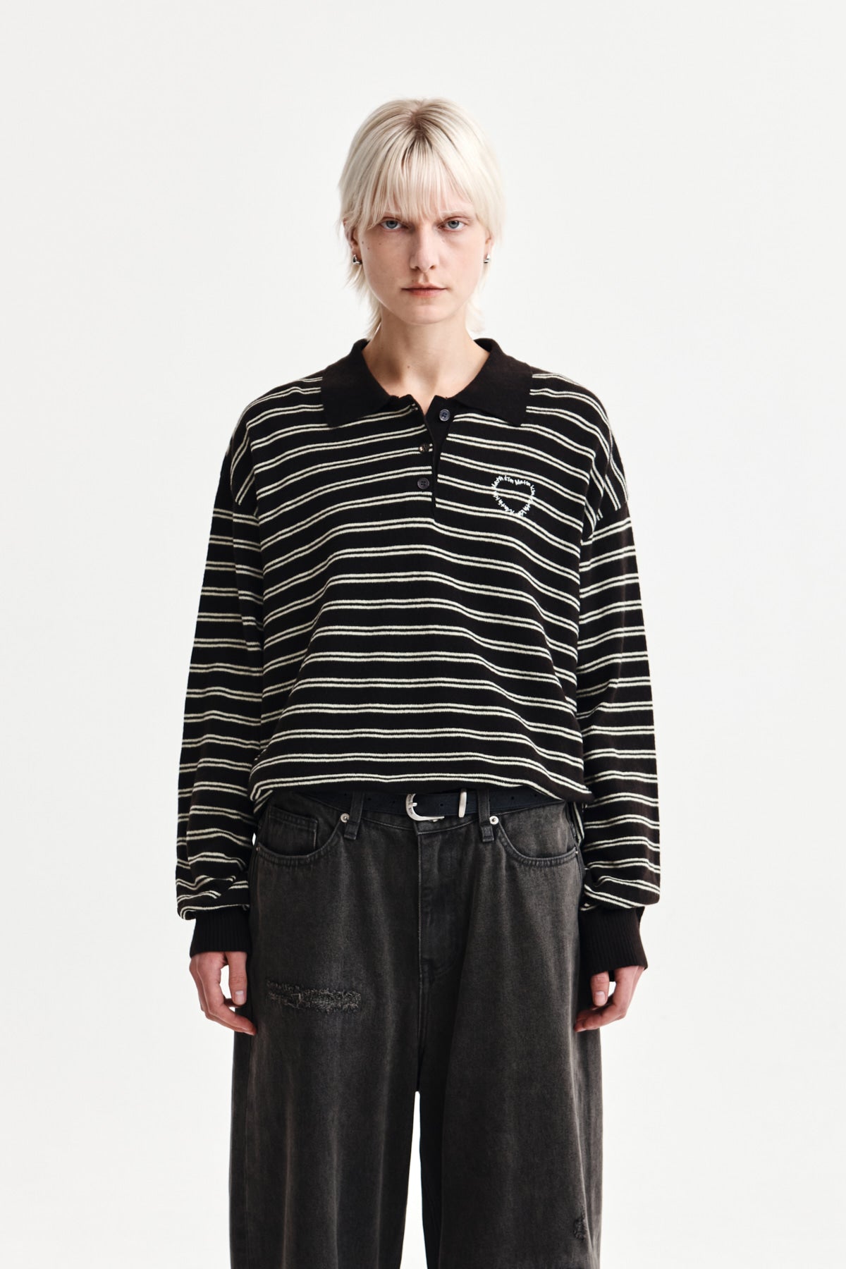 Matin Kim - Heart Logo Collar Striped Pullover (Brown) product image 1 | TRAB K-Fashion Australia