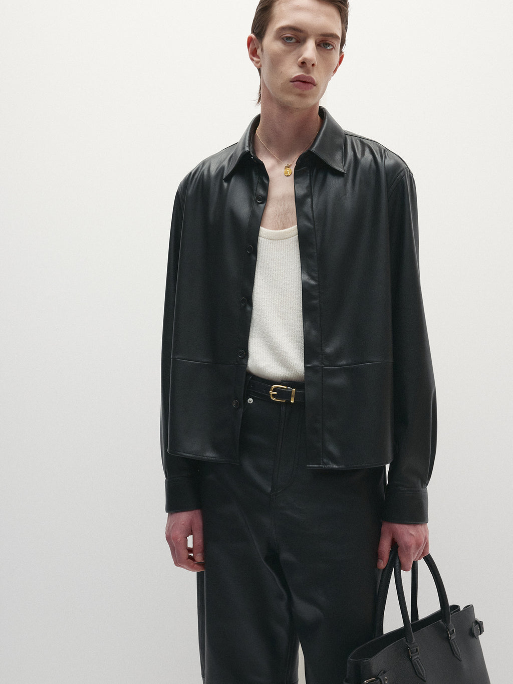 Tonywack - Faux Leather Hidden Button Shirt Italian Fabric (Black) product image 7 | TRAB K-Fashion Australia