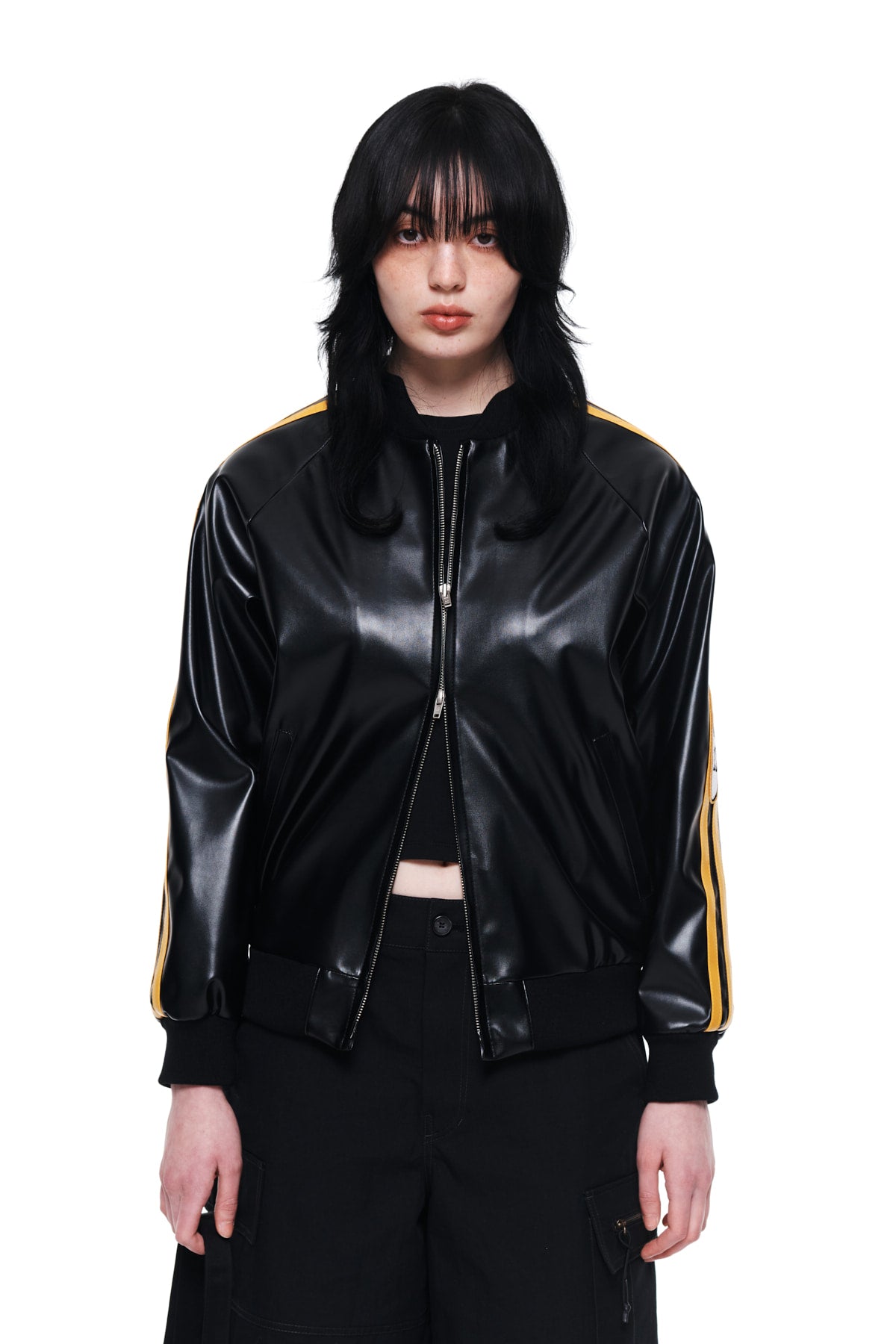 Matin Kim - Faux Leather Stadium Jumper (Black) product image 5 | TRAB K-Fashion Australia