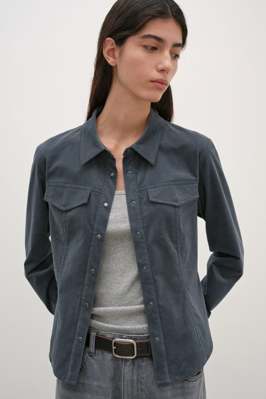 Insilence - Corduroy Snap Shirt (Charcoal) product image 2 | TRAB K-Fashion Australia