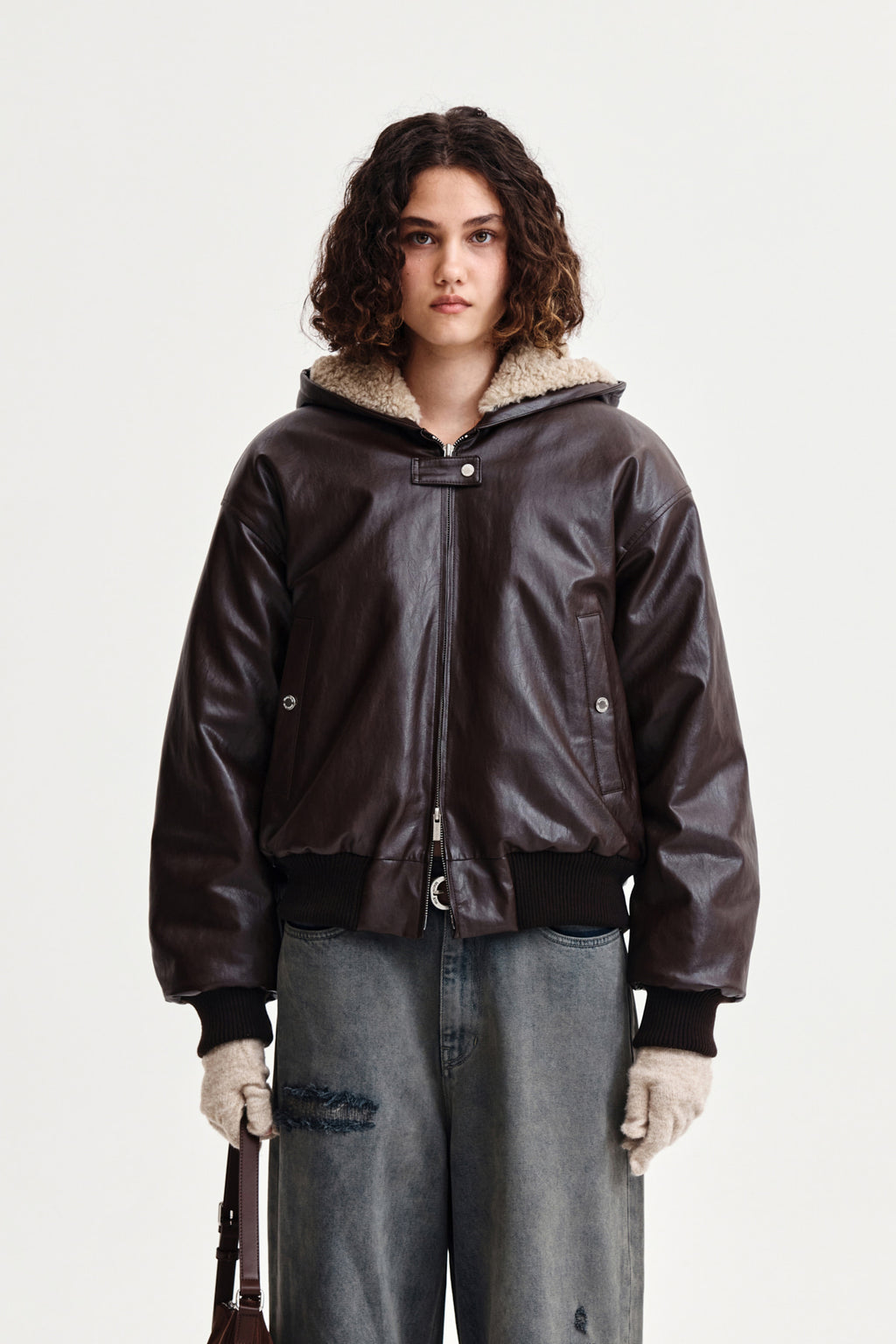 Matin Kim - Faux Leather Zip Up Hoody (Brown) product image 10 | TRAB K-Fashion Australia