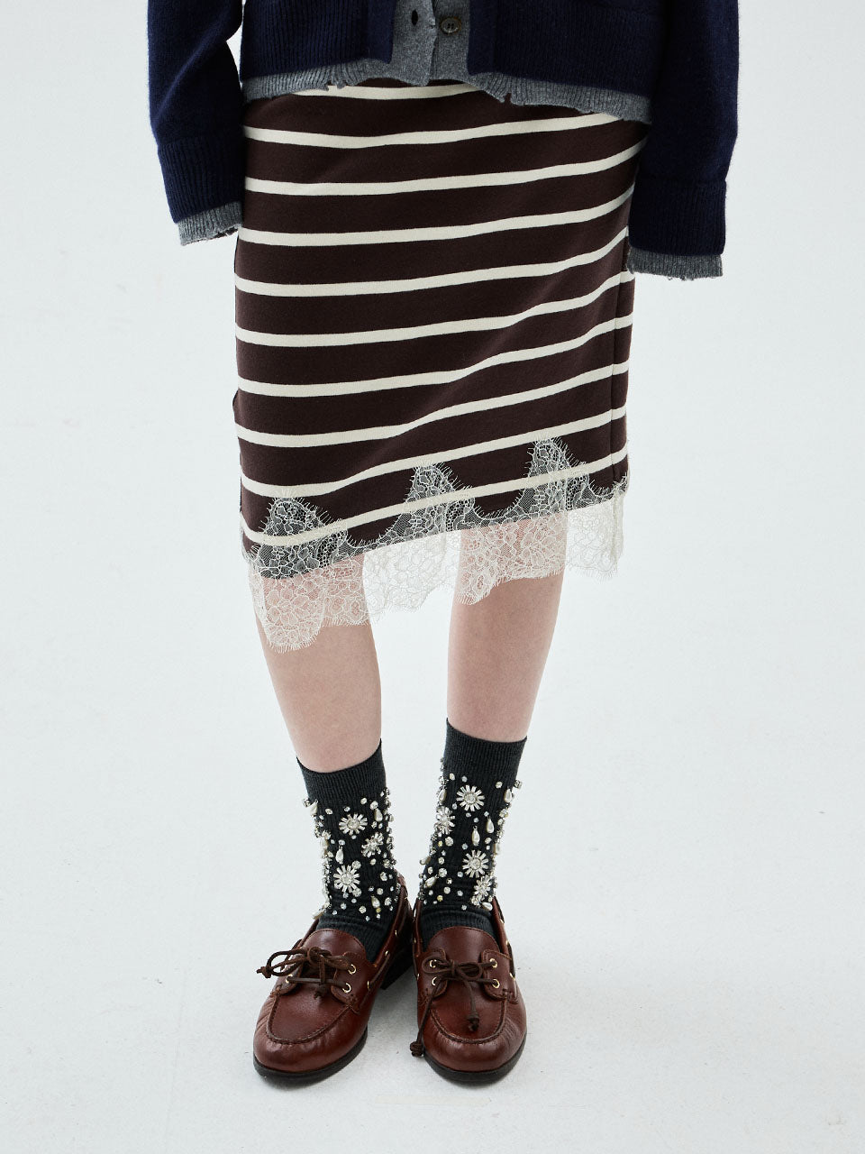 Mardi Mercredi - Lace Hem Midi Skirt Stripe (Brown) product image 1 | TRAB K-Fashion Australia