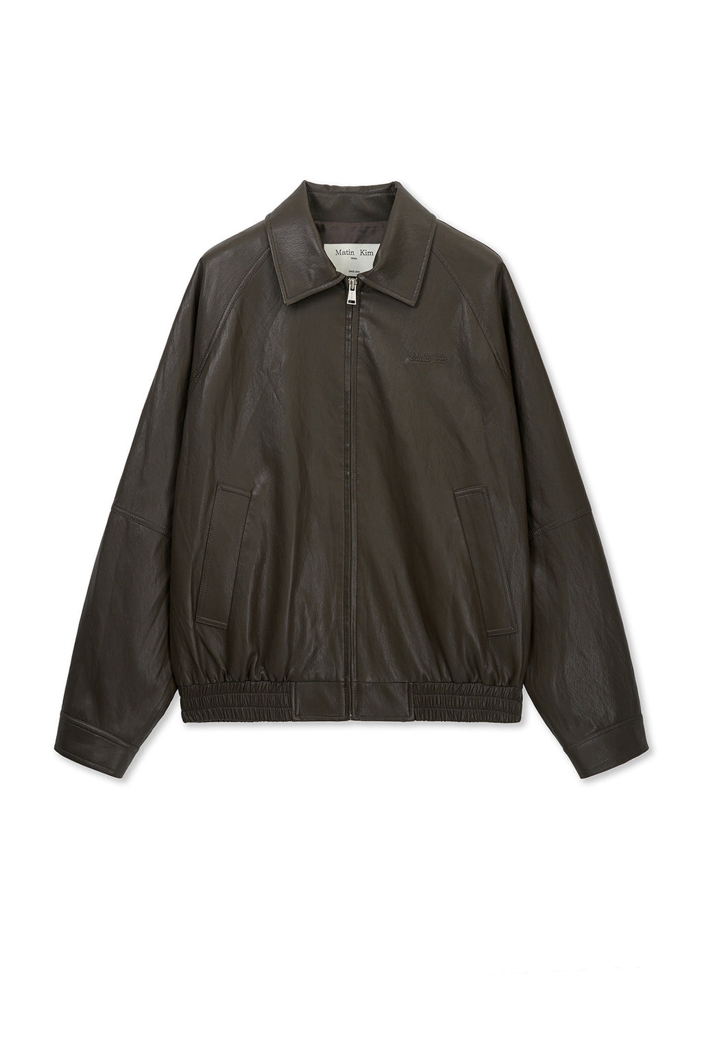 Matin Kim - Small Logo Faux Leather Zip Up Jumper (Brown) product image 1 | TRAB K-Fashion Australia